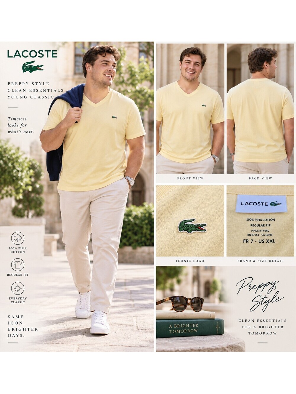 Lacoste Men’s XXL Pale Yellow V-Neck  Pima Cotton Minimalist Preppy Quiet Luxury